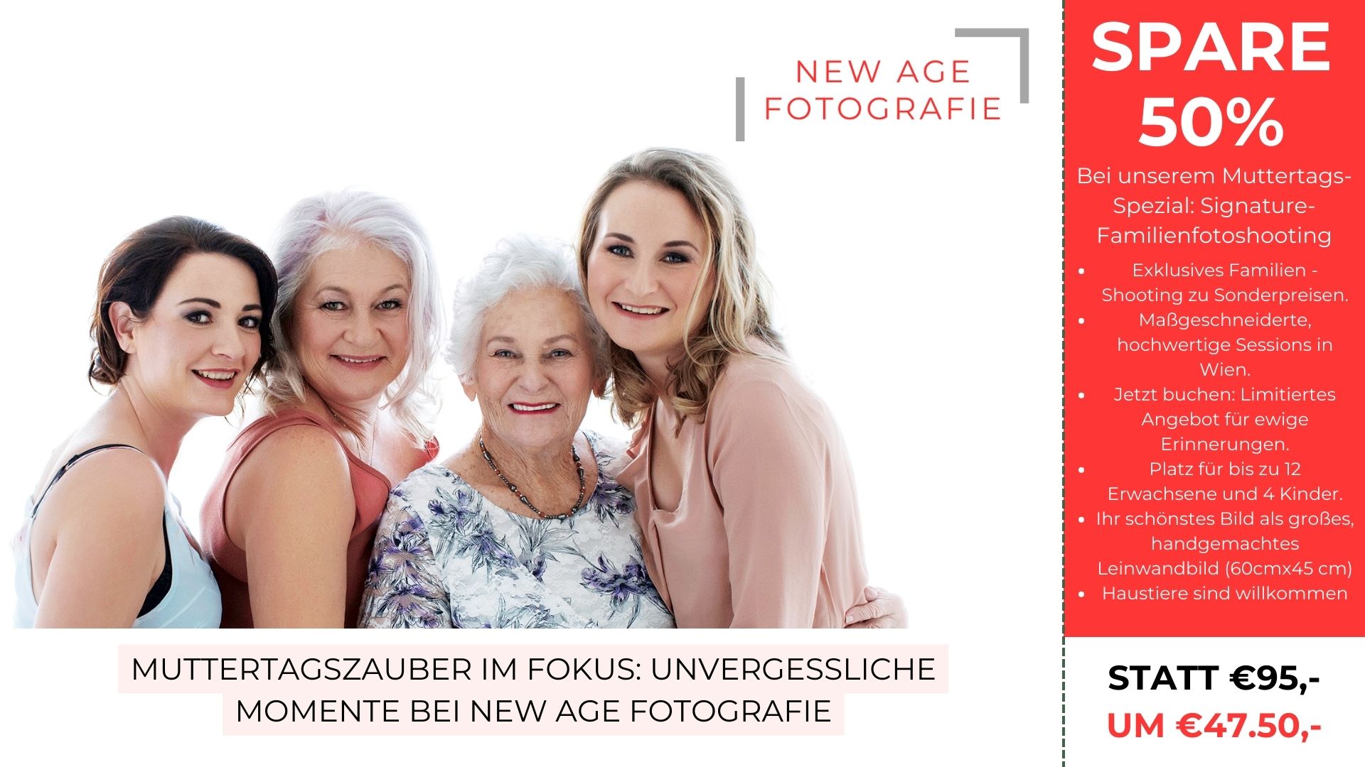 Werbung für ein Muttertags-Familienfotoshooting mit vier lächelnden Frauen und Rabattangebot