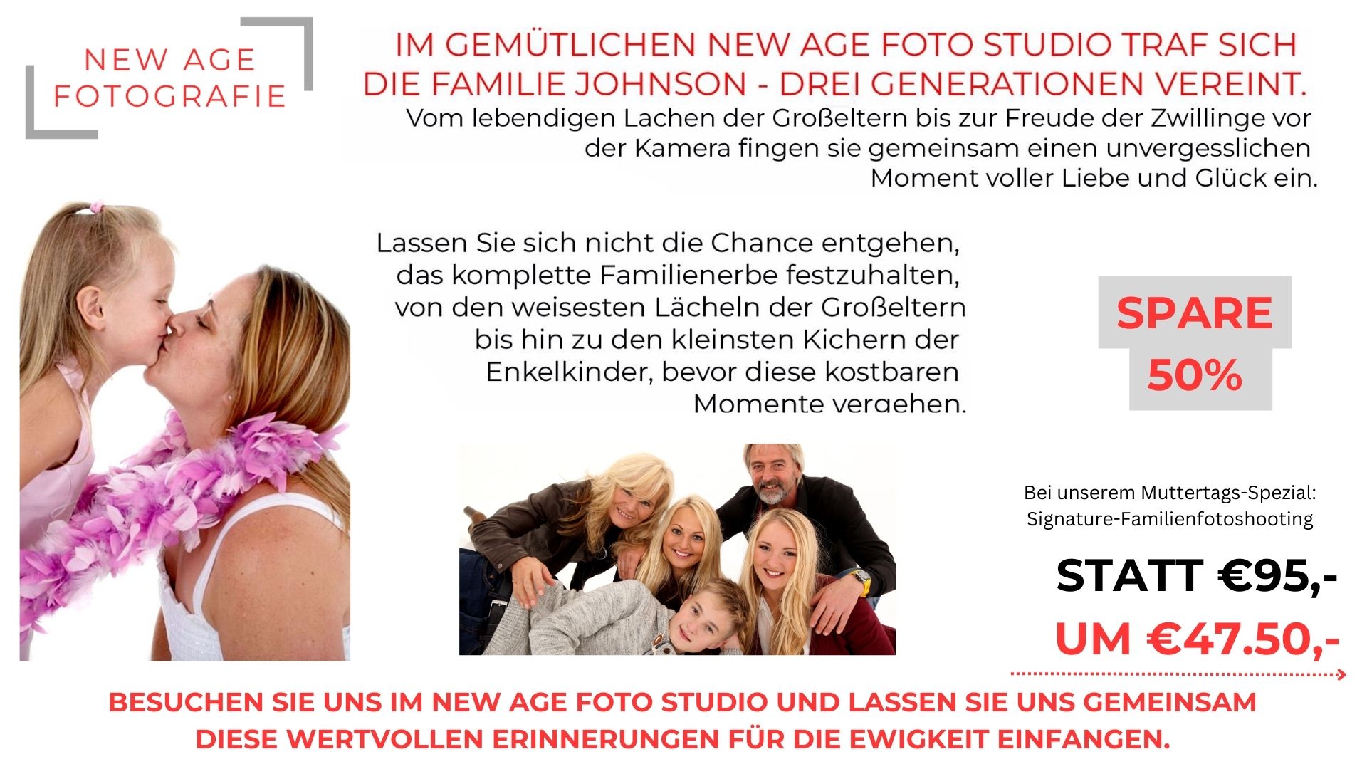 Werbung für ein Fotostudio mit Fotografien lächelnder Familienmitglieder und einer Rabattaktion für ein Familienfotoshooting